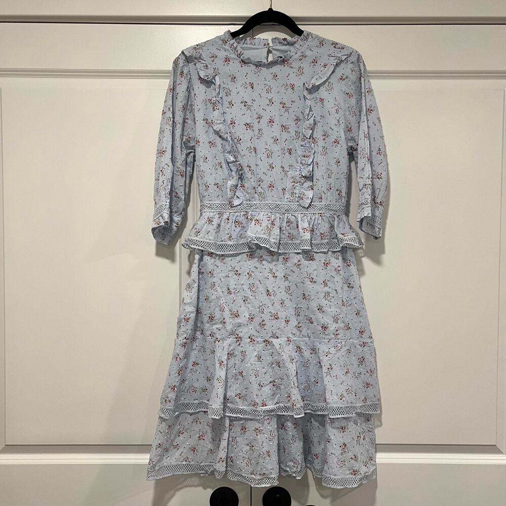 Lulus Women's Light Blue Prairie Ruffle Tiered 3/4 Sleeve Dress Size L‎